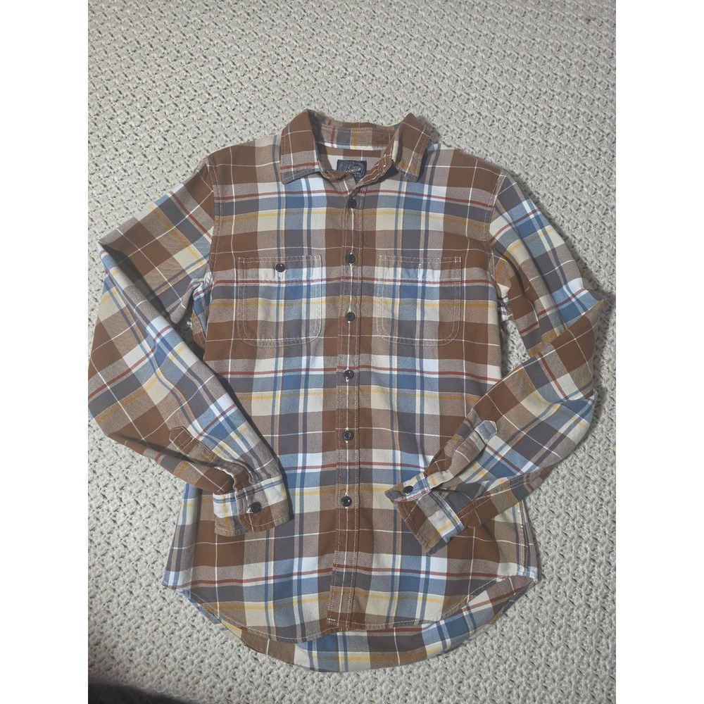 J. Crew Plaid Button Down Mens Small Brown Blue Excellent Long Sleeve Twill